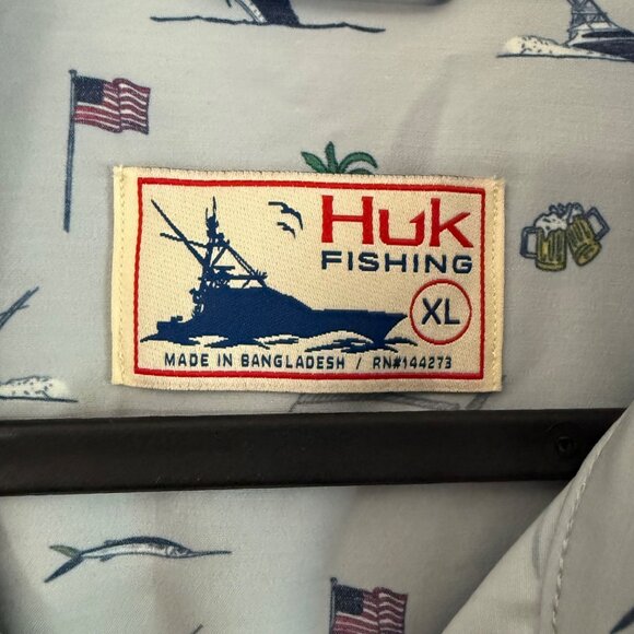 Huk Fishing Beer Boat Marlin Flag Palm Tree Print Performance Shirt Mens XL - Picture 2 of 6